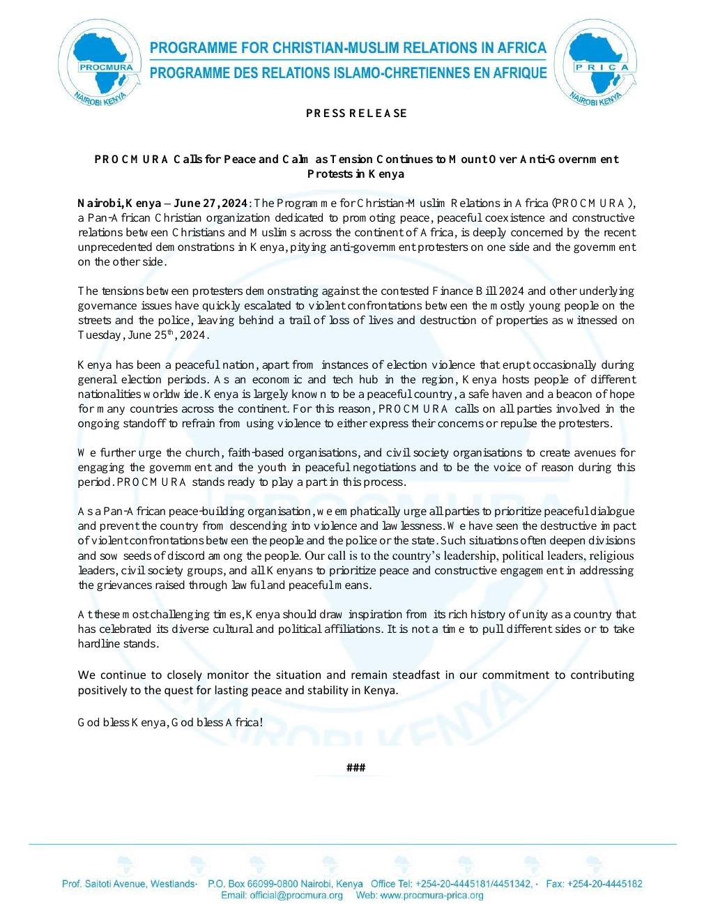 PROCMURA Calls for Peace During Kenya Demonstrations 2024