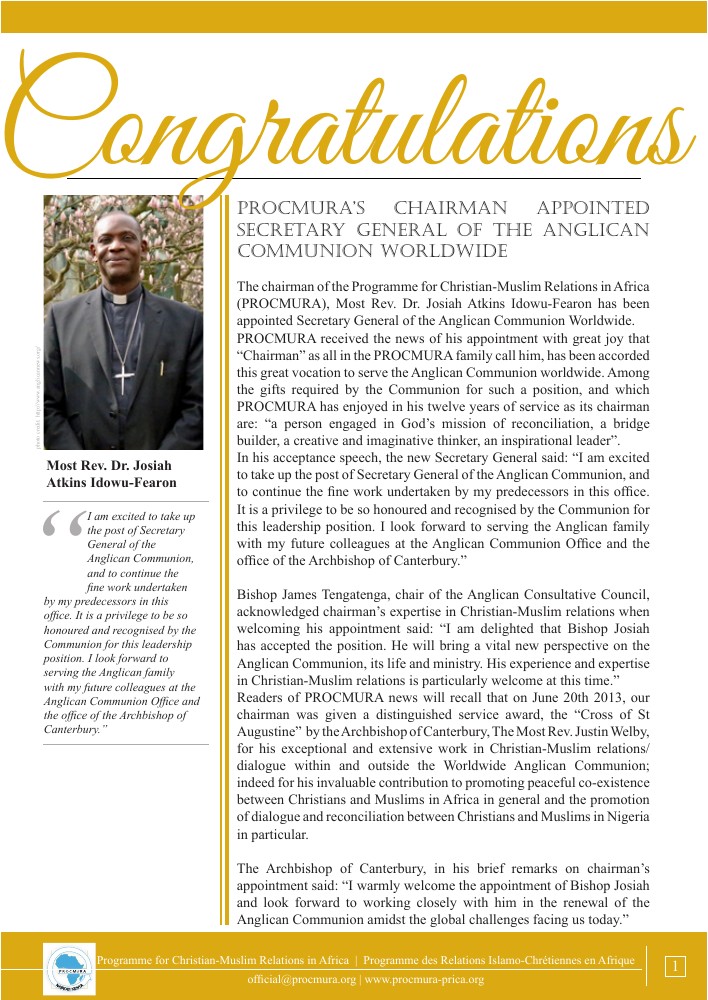 PROCMURA Chairperson Appointed Anglican Communion Secretary General
