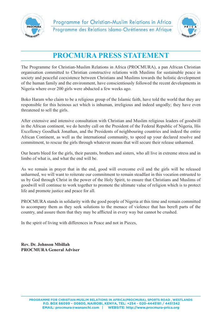 PROCMURA Press Statement on the Abducted Nigerian Schoolgirls