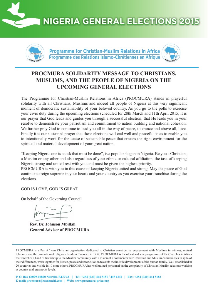 PROCMURA Solidarity Message for Nigeria's 2015 Elections